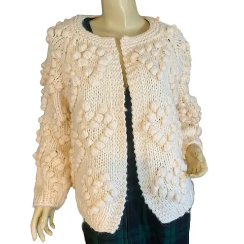 Chicwish CREAM HAND KINTTED WOOL BLEND POM POM OPEN FRONT CARDIGAN (L)