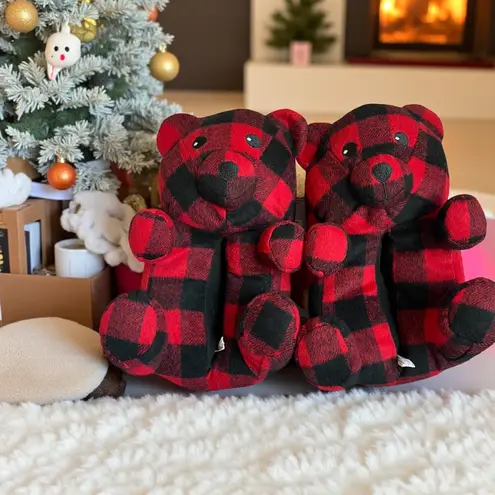Snugimals Ladies Slippers Buffalo Plaid Red Black Bear M 7/8 Cozy Comfort