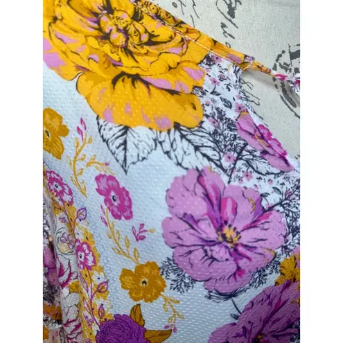 Tribal Jeans Women's 1X Floral Textured/Swiss Dot Blouse W/Frill Sleeve & Tassel