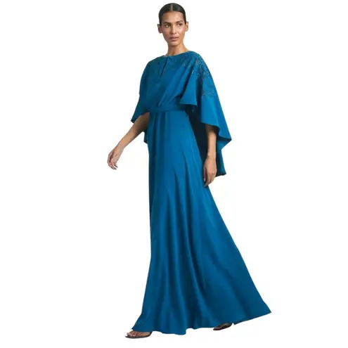 Sachin + Babi Size 12 NEW Moroccan Blue Crepe Embroidered Wren Cape Maxi Gown