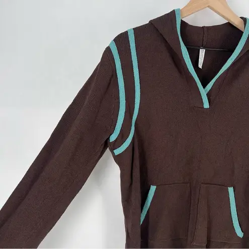 Ball Of Cotton Handloomed Color Block Knit Long Sleeve Split Neck Hoodie Brown Size L