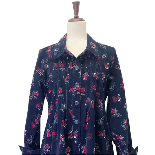 Vermont Country Store Pintuck Cotton Corduroy Dress Navy Blue Floral Size Medium