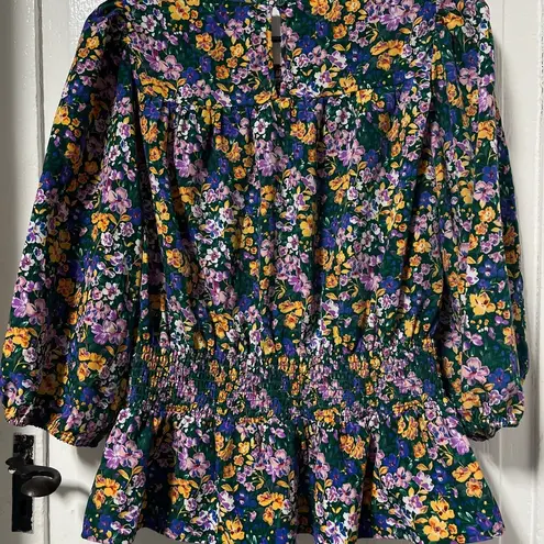 Pleione Floral Puffed sleeve smocked waist peplum blouse size large