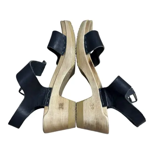 No.6 Black Leather Clog Sandals Wooden Platform Ankle Strap Size 38 US 7.5