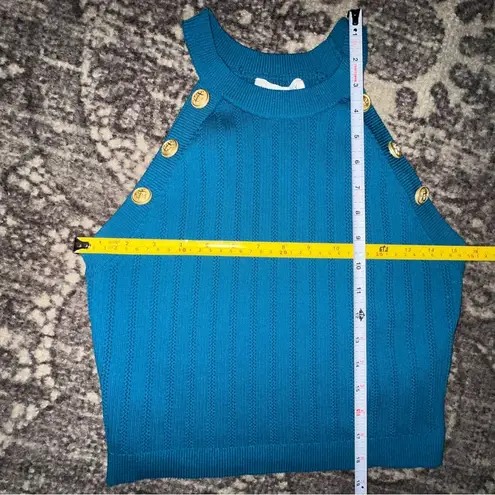 Happily Grey L Teal Green Blue High Neck Sleeveless Halter Side Gold Buttons Top Size L