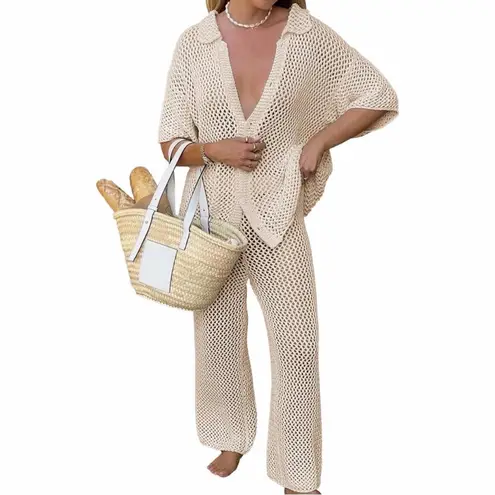 Cream Boho Crochet Knit 2 Piece Beach Lounge Set Tan Size L