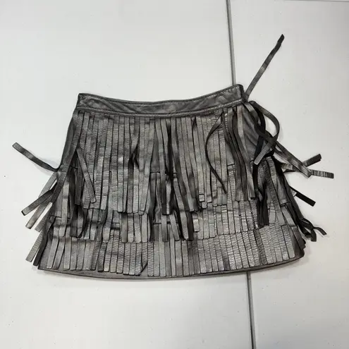 AllSaints Aisha Leather Fringe metallic mini Skirt Size 4 Silver