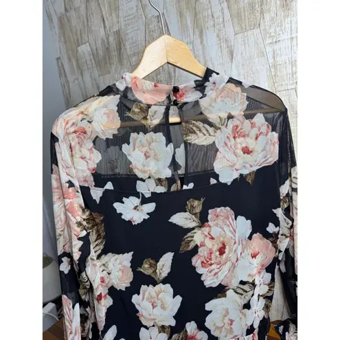 ENFOCUS WOMEN Floral Print Mock Neck Sheer Sleeve Maxi Dress Plus Size 20W Black