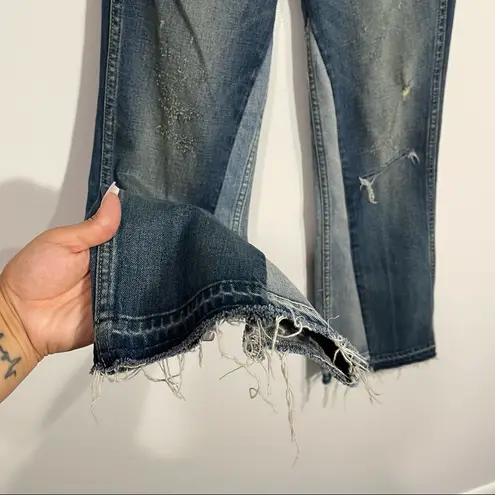 Anthropologie AMO Crop Boot Jeans Distressed w/ Raw Hem Button Fly Two Tone 24 Blue