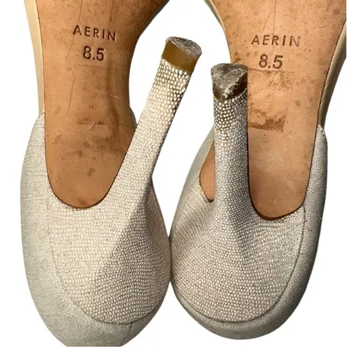 Aerin Women’s 8.5 Metallic Gild Sparkly Cream Canvas Varan Strappy D’Orsay Heels Gold