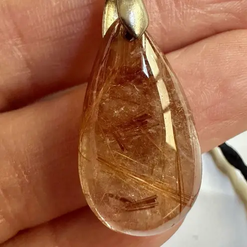 Rutilated quartz teardrop pendant necklace on cord