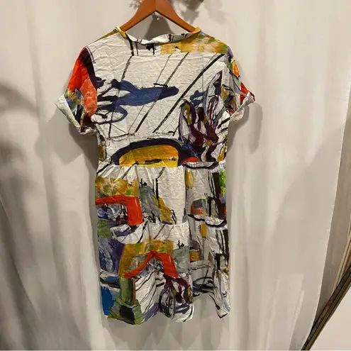 AQRL abstract art roll sleeve Basquiat ruffle mini linen blend breezy boutique Red