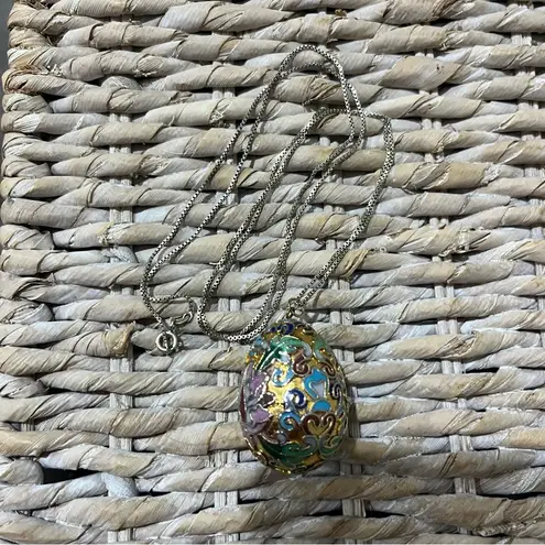 GOLD FLLD CHINESE CLOISONNÉ ENAMEL EGG FLWR PENDANT 925 CHAIN NECKLACE Italy VTG