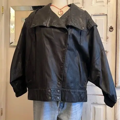 Vintage Gino di Giorgio Black Leather Moto Bomber Jacket Oversized W 2XL M XL Size XXL