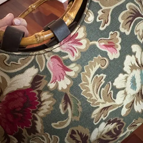 Longaberger Sisters Green Floral Bag Purse Snap Close Bamboo Handle Fall 10x11