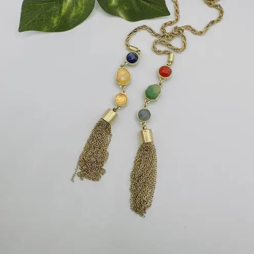 Vintage Gold Tone Open Chain Beaded Tassel Long Necklace