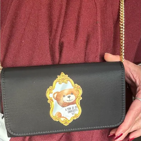 Moschino Authentic Leather/Satin Bear print magnetic closure flap Crosby/Clutch