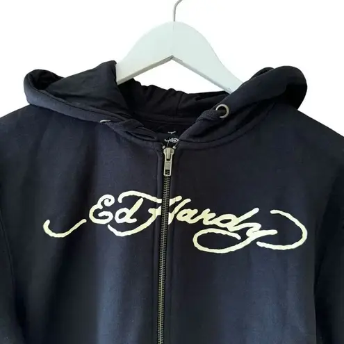 Ed Hardy  Black Snake  Skull Logo Cropped Zip Up Hoodie Sweatshirt SZ S #2290