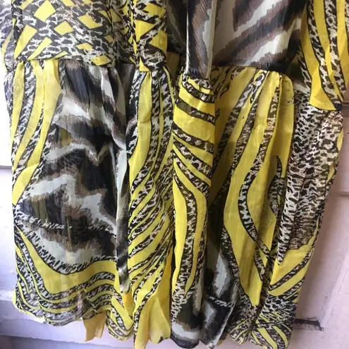 Yellow zebra animal print smocked tiered strappy summer breezy maxi dress sz S