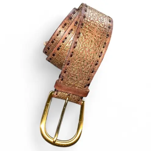 Golden Embossed Brown Leather Belt with Solid Brass Buckle size Medium
