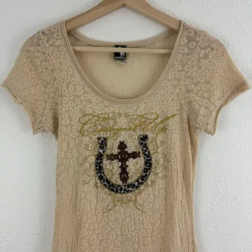 Cowgirl Up Vintage Y2K Beige Cheetah Semi Sheer Horseshoe Cross Graphic Tee