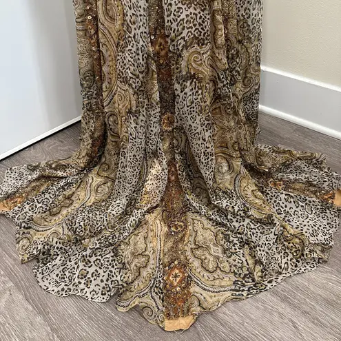 Sherry Haute Couture Y2K Silk Beaded Sequin Gemstone Animal Print Halter Gown Tan Size 4