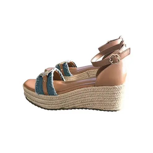 SAM and Libby Wedge Espadrille Sandals Denim Logo Buckle Tan Straps Size 6 Blue