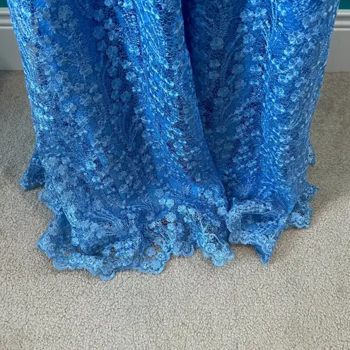 Mac Duggal NWT Blue Lace Ruffled Rhinestone Waist Maxi Gown Formal Prom Size 4