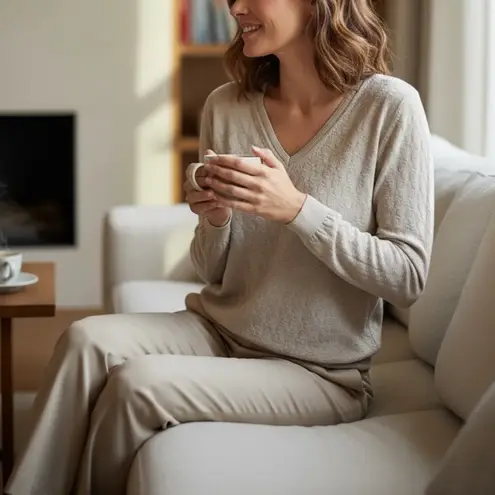 Animo Solei Made In Italy Mauve Beige Equestrian Long Sleeve V Neck Sweater