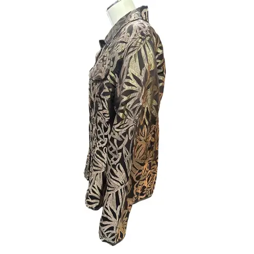 Chicos Size 2 Black Gold Silk Blend Floral Sheer Jacket Artwear Style City Style Brown