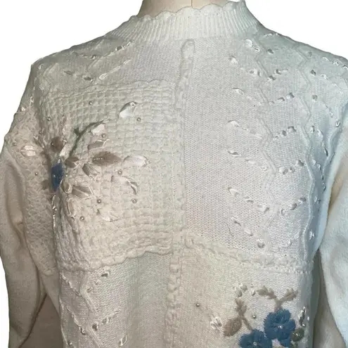 Koret Vintage Knit Floral Embroidered Lace Patchwork Mock Neck Sweater Size XL