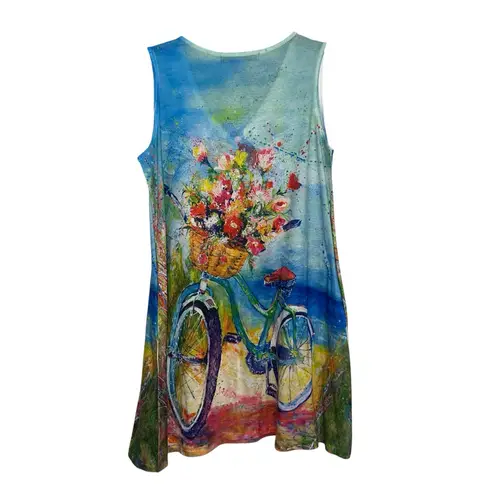 Leoma Lovegrove Sleeveless Shift Dress Size XL Bicycle Floral Print Colorful Art Blue