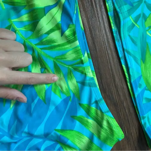 Vtg Y2K Tankini Swim Set Sz 12 Neon Abstract Palm Print High Rise Blue