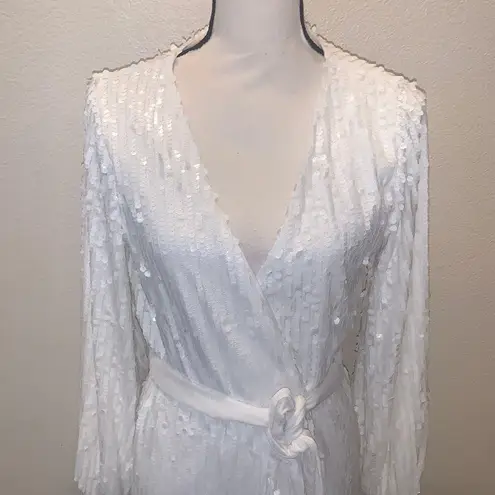 River Island White Sequin Wrap Dress Long Sleeve Velour Belt Mini