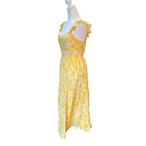 Angie  Midi Dress Cap Sleeve Tiered Skirt Yellow Floral Open Back Womens Large