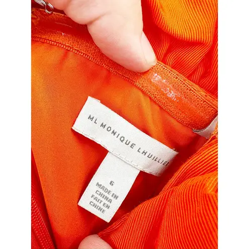 Monique Lhuillier ML Ruffled Faille Red Orange Strapless Midi Dress Size 6