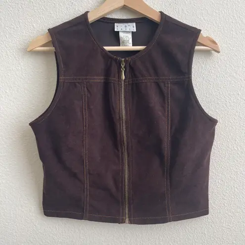 YOU BABES Vintage 90s Y2K Dark Brown Front Full Zip Sleeveless Cropped Tank Top Size M