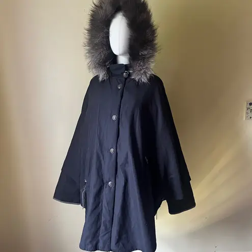 The Fur Vault Black Cape Jacket Silver Fox Trim Hood Made in Greece Size 44