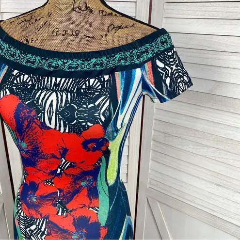 Jealous Tomato Tropical Print Bodycon Sheath Dress Red Blue Small Off Shoulder