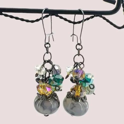 Smoke Gray Dragon's Blood Agate & Crystal Drop Earrings on Gunmetal Kidney Wires