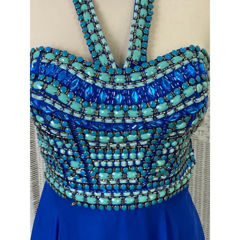 Rachel Allen Rachel Allan Royal Blue Beaded Prom Gown Cutout Back Formal Dress Size 8