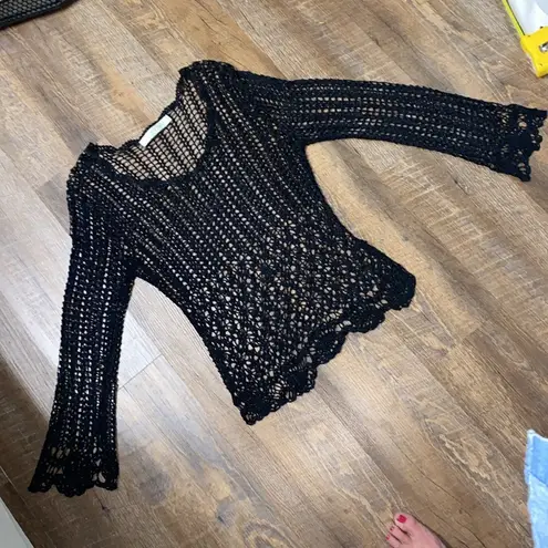 BETTE PAIGE DAISY CROCHET OPEN KNIT BELL SLEEVES WITCHY COVER UP WHIMSICAL VNTG Black Size M