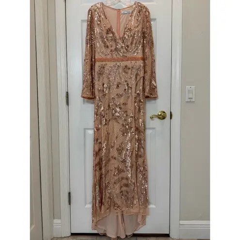 Mac Duggal NWT 5222 Rose Gold Sequined Faux Wrap Split Long Sleeve Gown Size 8