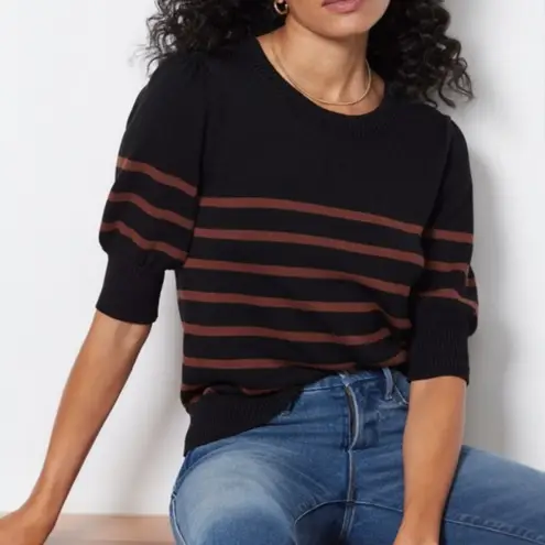 Evereve Tessa Puff Sleeve Sweater Black Brown Striped Crew Neck Size Small