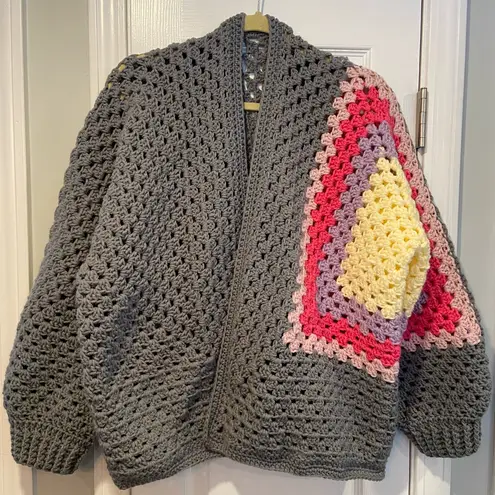 Handmade Crochet Granny Square One Size Cozy Cardigan Boho Chunky Knit Sweater
