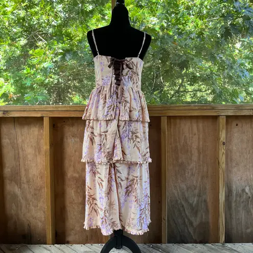 House Of Harlow Tiered Ruffled Bustier Front Lace Up Dress Peach Size S Pink