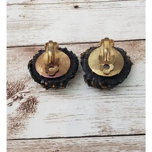 Vintage Clip On Earrings Black & Amber Tone Statement Beaded 1 & 1/8"
