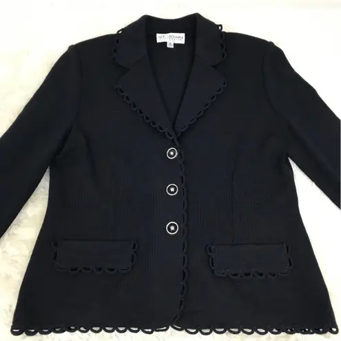St. John Collection Black Santana Knit Blazer Jacket Button Front Size 12