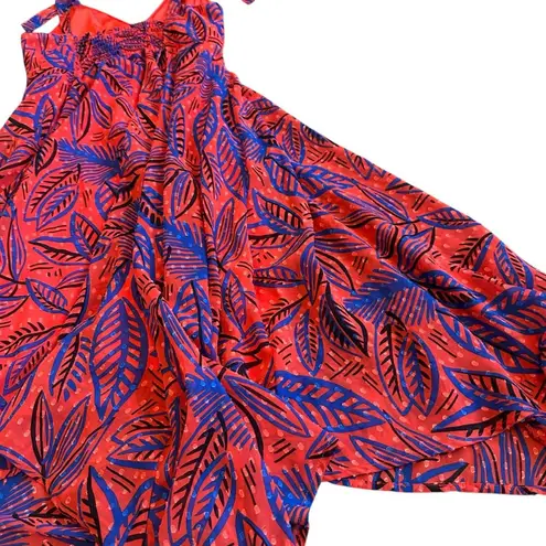 Alexis For Target Flowy Hem Leaf Print Dress Tie Shoulders Smocked Top Small Red