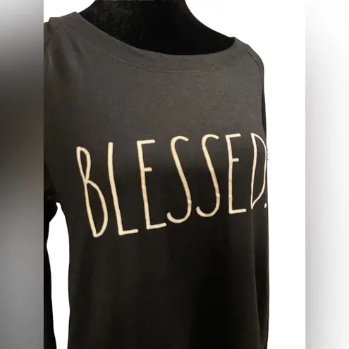 Rae Dunn NEW  Black White Blessed Verbiage Raglan Stretch Long Sleeve Casual Top